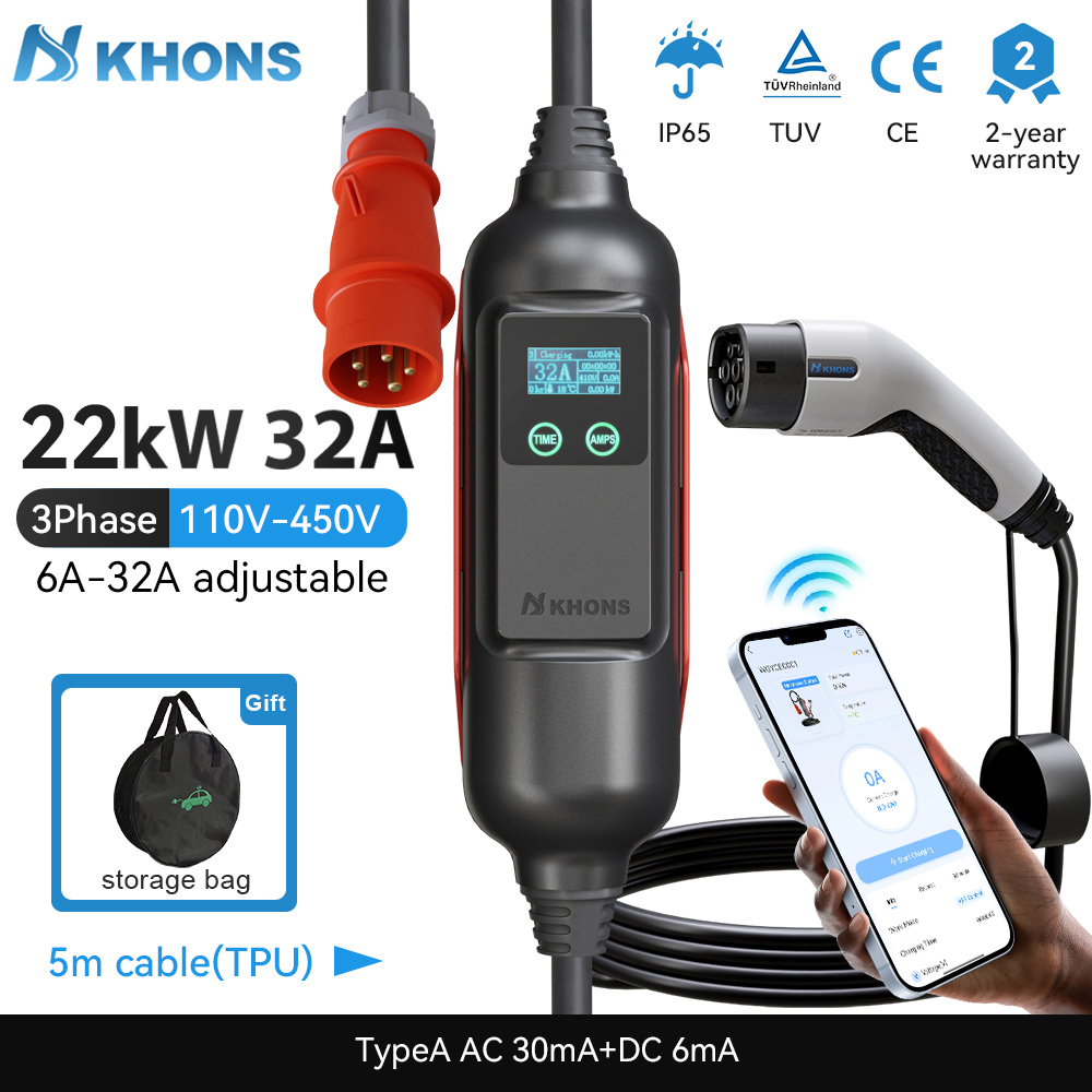 Khons portátil ev carregador t - Portable Ev Charger 32A Type 2 Cee Plug avaliação e preço